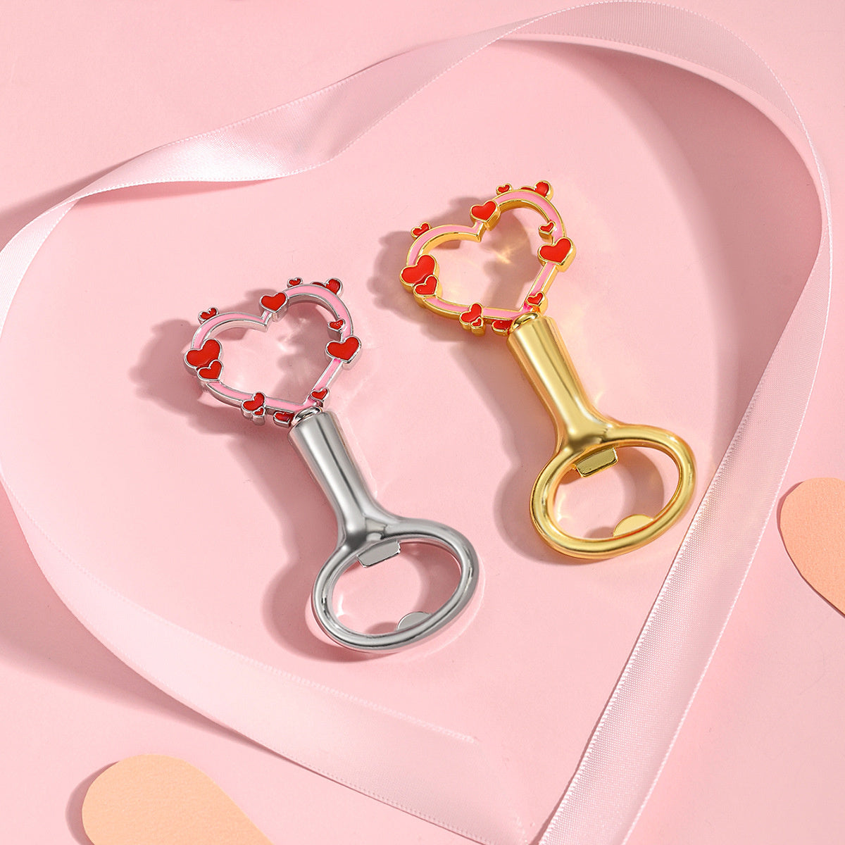 Heart Bottle Opener – Enamel Mini Heart Border Design, Gold & Silver - Image 2