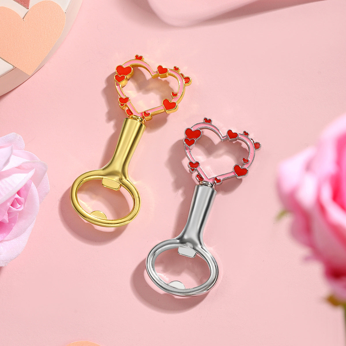 Heart Bottle Opener – Enamel Mini Heart Border Design, Gold & Silver - Image 1