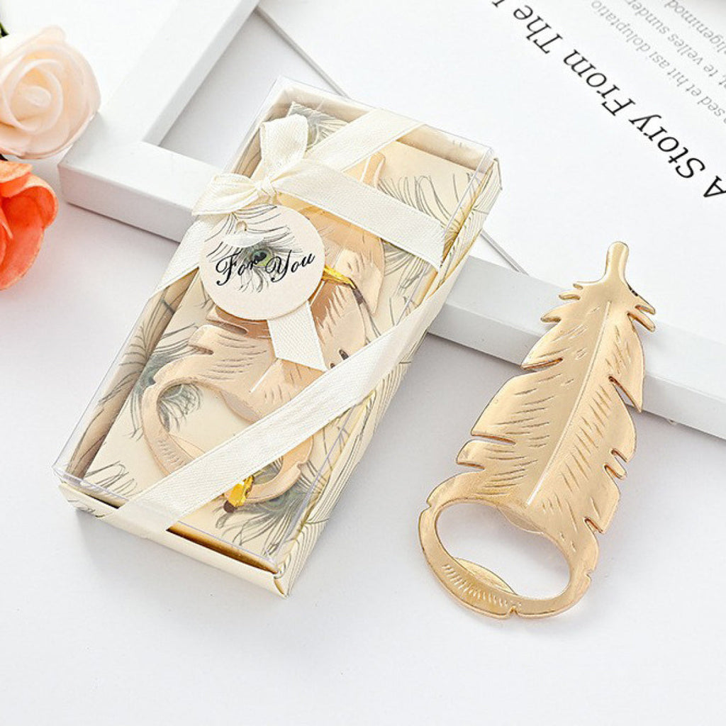 Feather Bottle Opener – Gold Metal Cap Lifter with Feather Design, Gift Box or Standard Packaging - Image 1