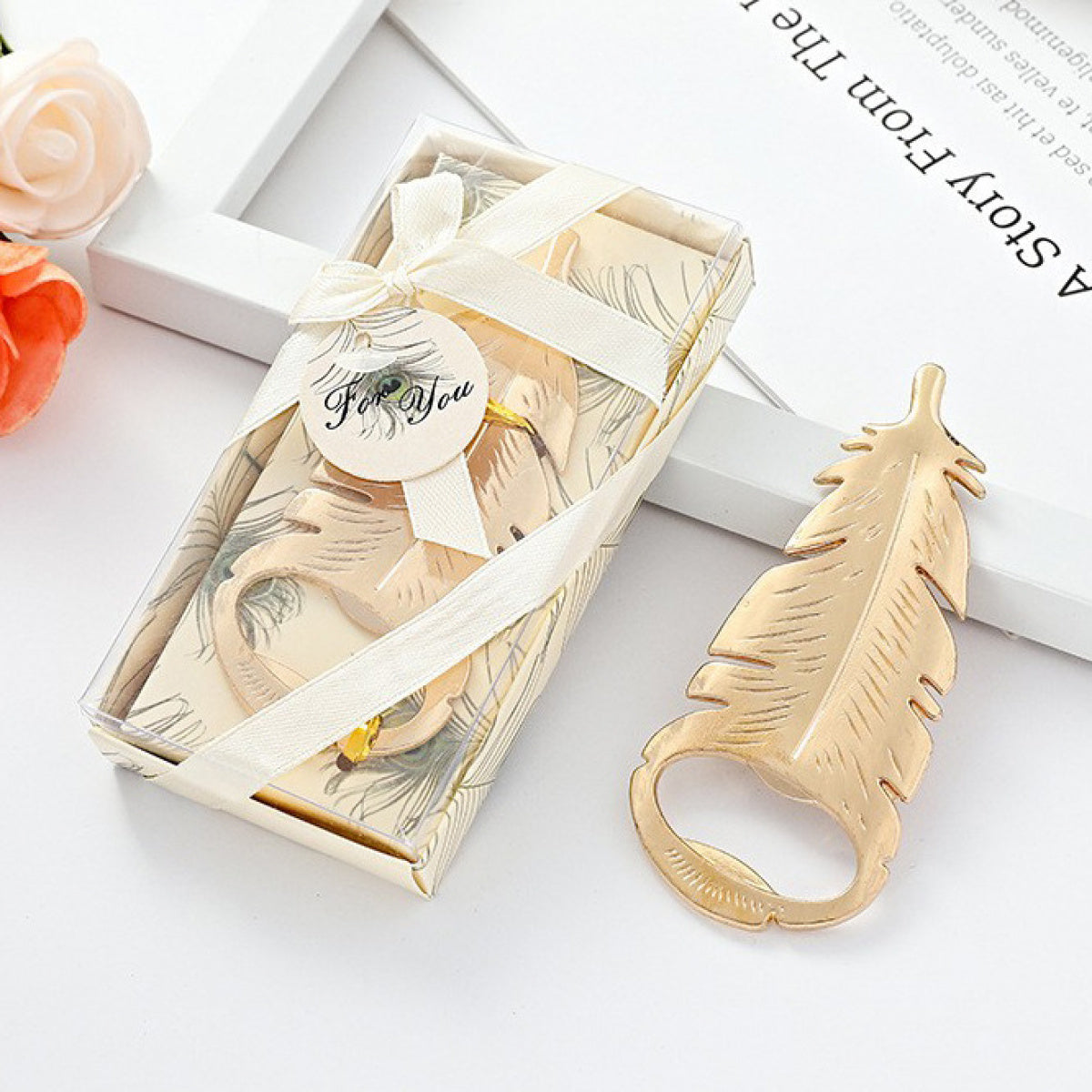 Feather Bottle Opener – Gold Metal Cap Lifter with Feather Design, Gift Box or Standard Packaging - Image 1